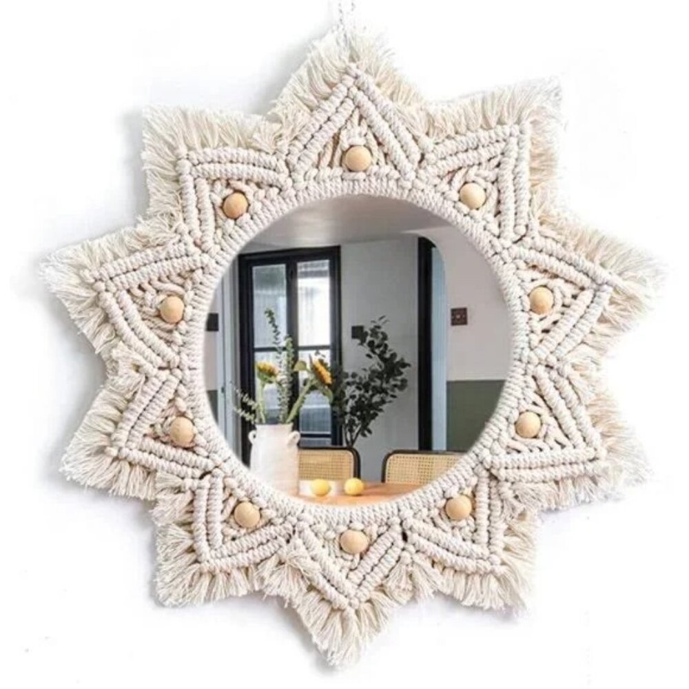 Boho Wall Decor Mirror Macrame Circle Hanging Mirror for Bedroom Living Room
